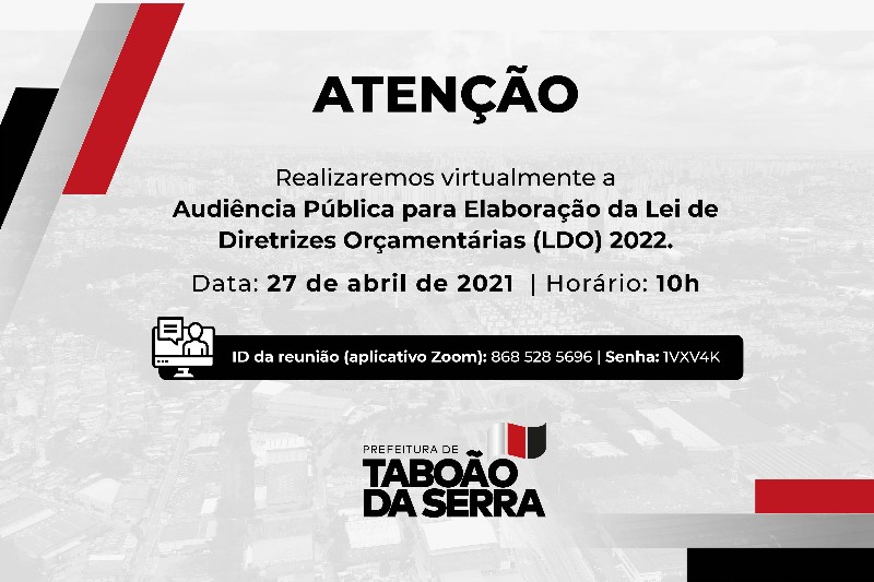 Taboão discute a LDO 2022 em Audiência on-line nesta terça, 27