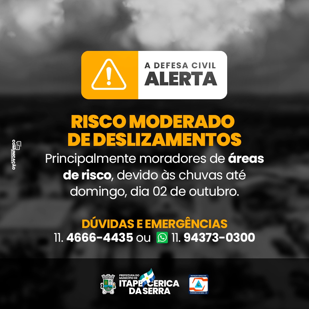 Defesa Civil alerta risco de deslizamentos devido a muita chuva em Itapecerica da Serra