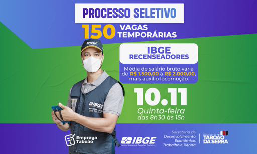 Prefeitura de Taboão da Serra e IBGE realizam processo seletivo para Recenseador nesta quinta, 10