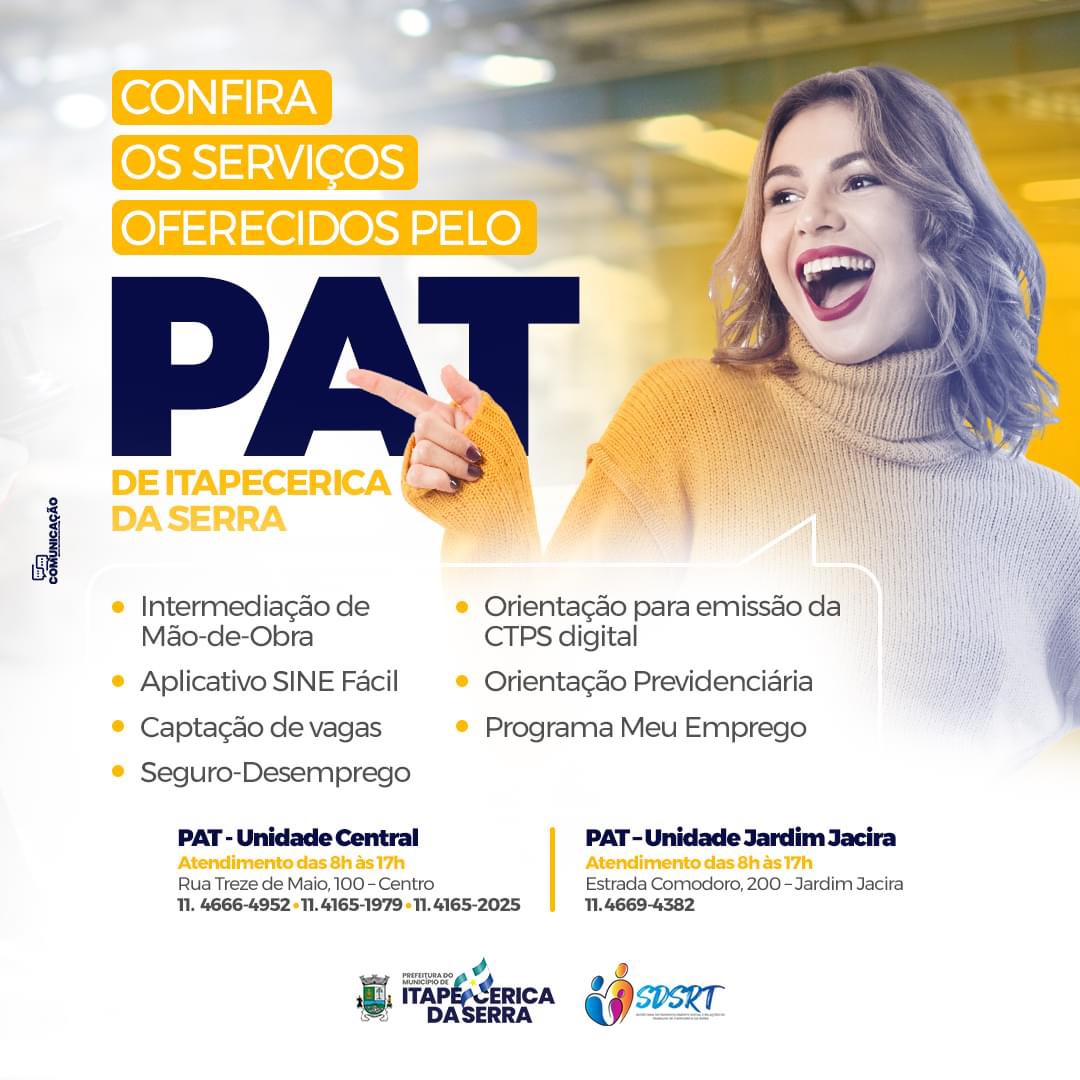 Vagas de emprego nas unidades do PAT de Itapecerica da Serra