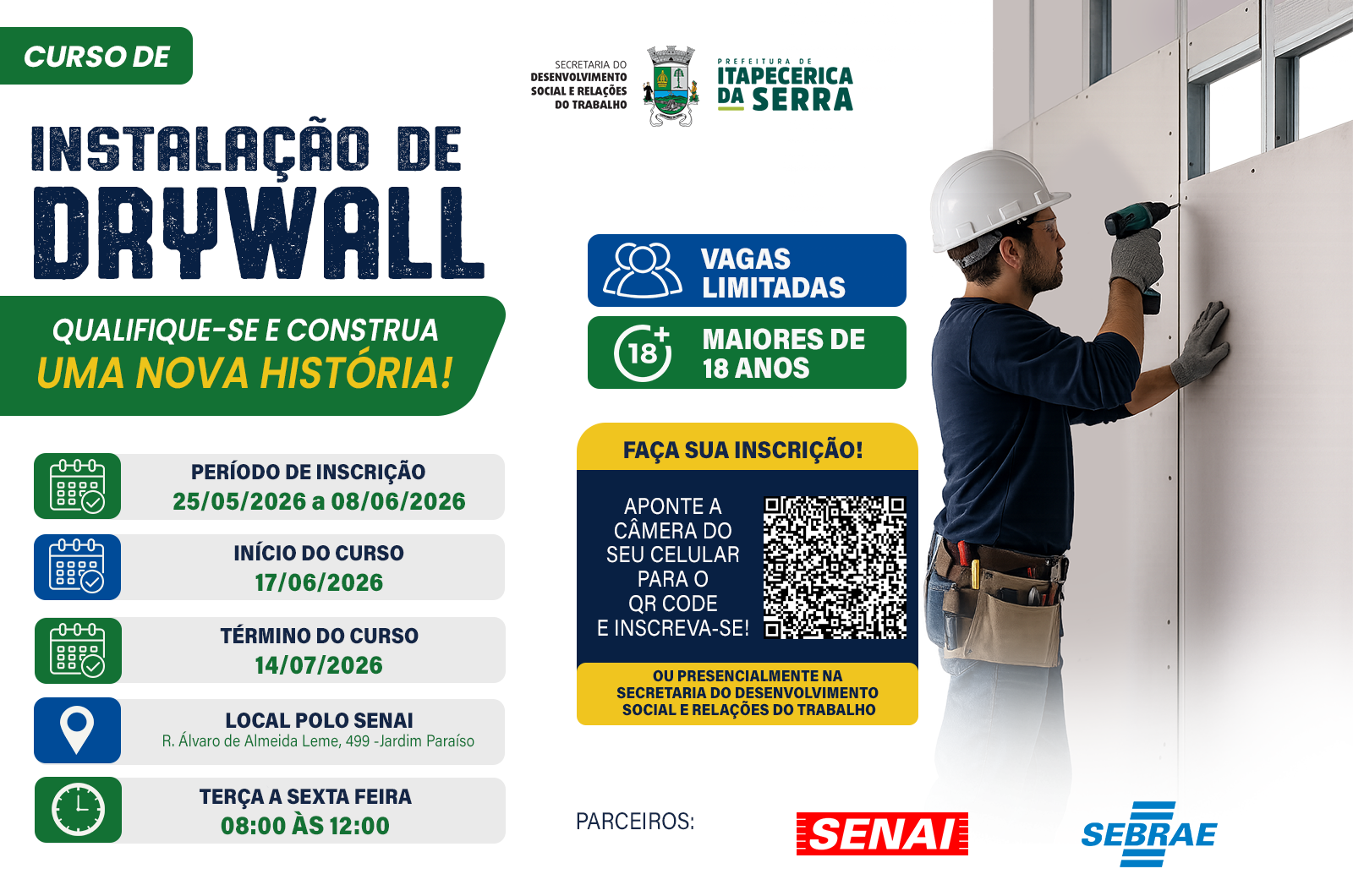 Curso gratuito de instalação de drywall está com inscrições abertas em Itapecerica da Serra