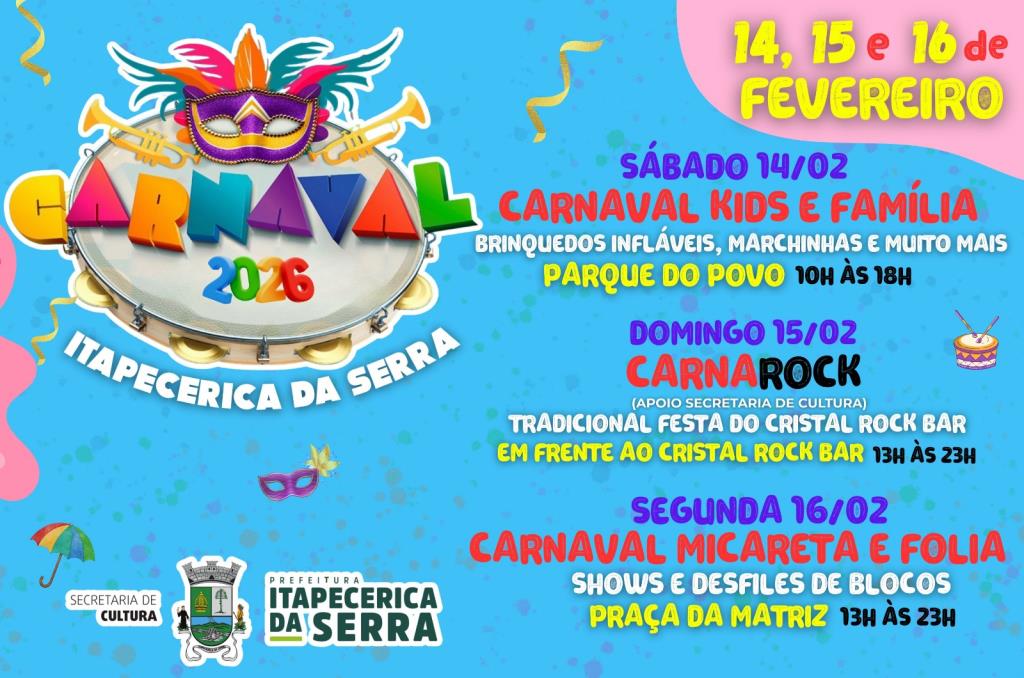 Itapecerica da Serra confirma programação oficial do Carnaval 2026 com três dias de festa